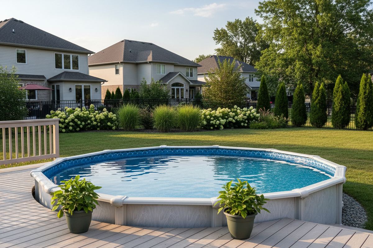 Above ground pool in a backyard