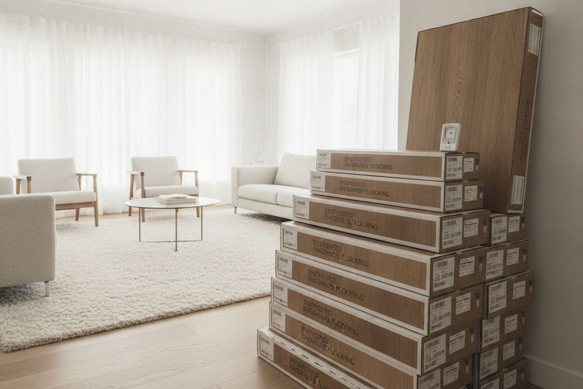 Boxes of flooring stacked in the room