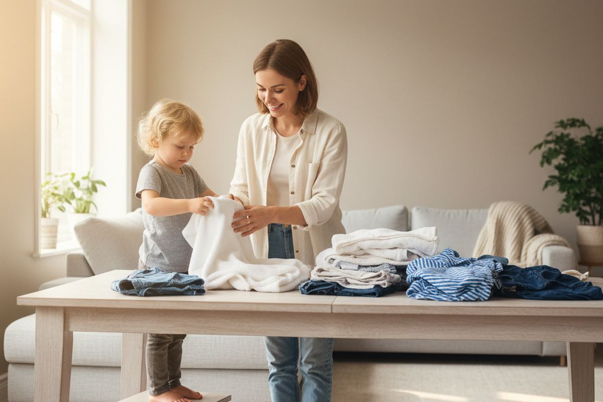 Child helping with laundry