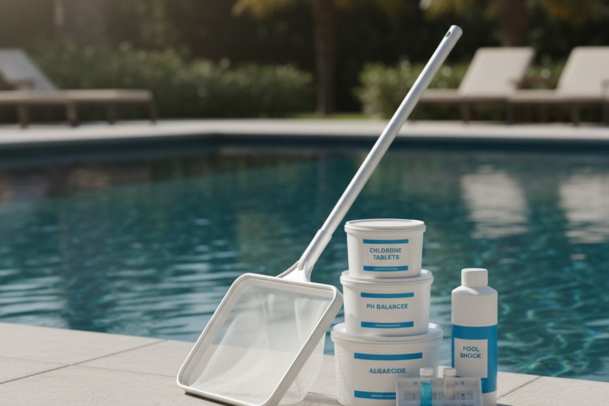 Pool skimmer and chemicals