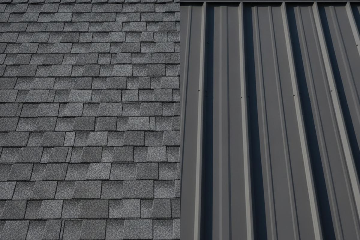 Split image of asphalt and metal roof