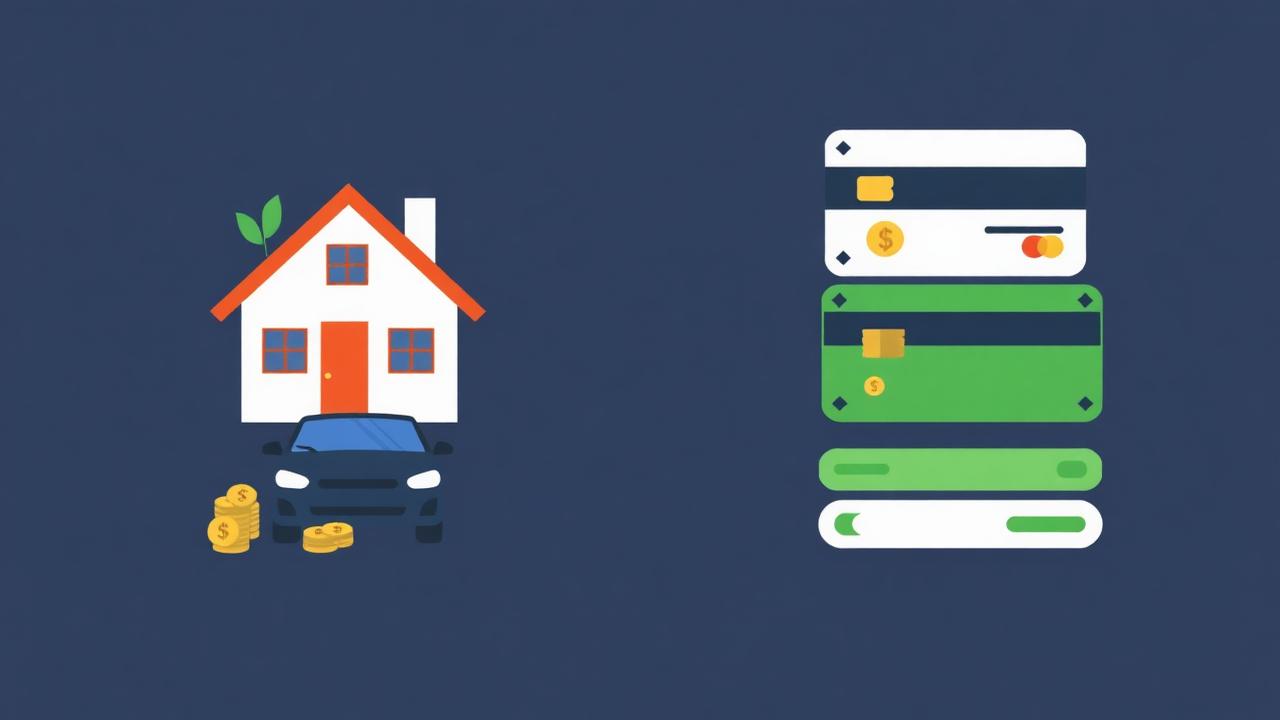 Icons of house and car on one side, credit cards stacked on the other