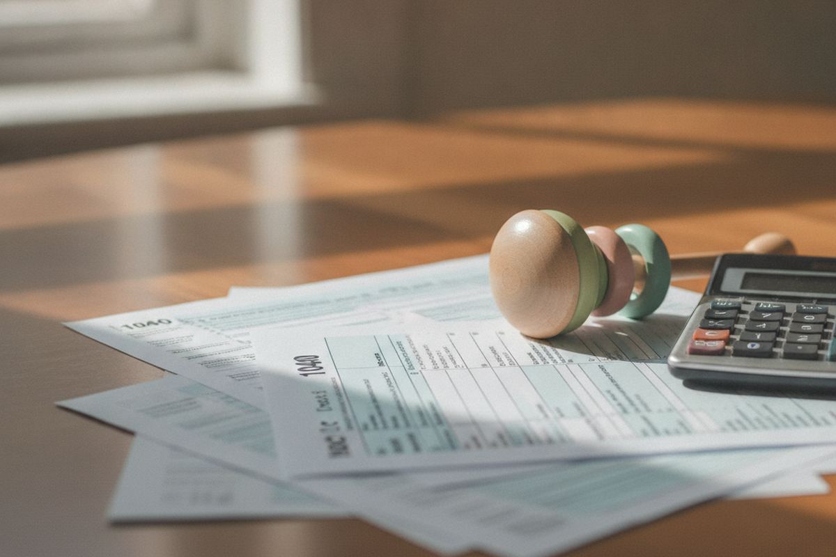 Tax paperwork with baby items