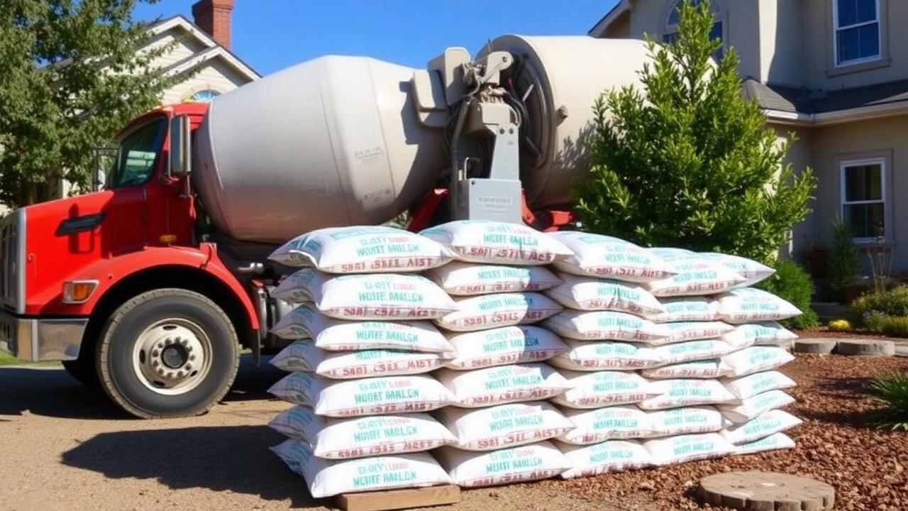 Stack of bagged concrete next to a ready-mix truck