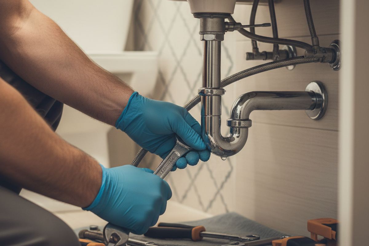 Plumber working on bathroom pipes