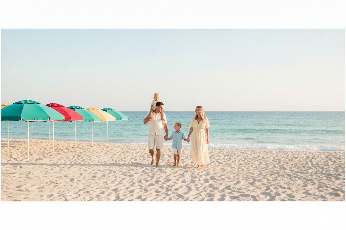 Family on a beach with umbrellas