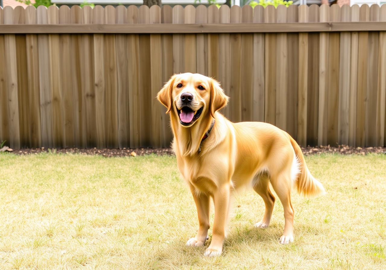 Happy golden retriever standing in a fenced backyard with privacy fence