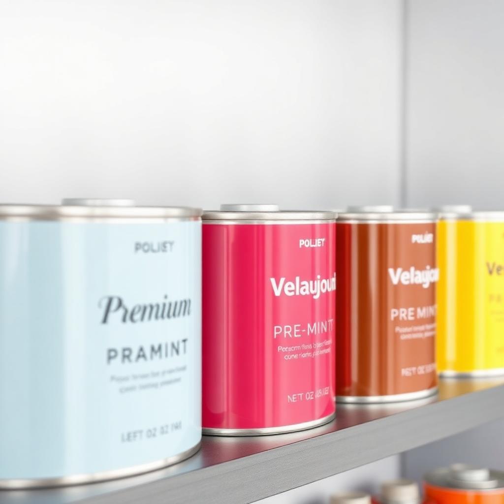Row of premium paint cans in different colors on a clean shelf
