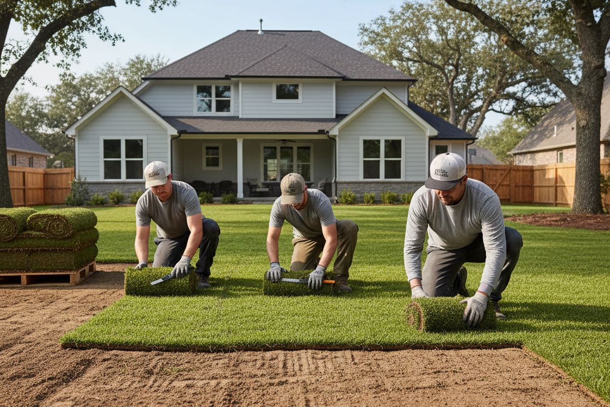 Fresh sod being laid on a lawn