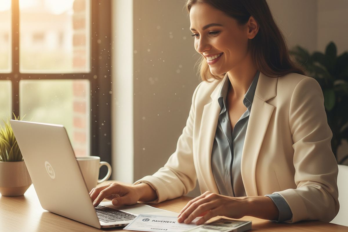 Young professional at a laptop with paycheck