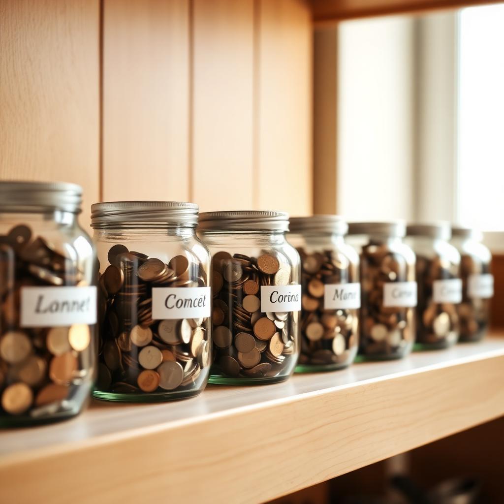 Labeled coin jars representing sinking funds for different goals