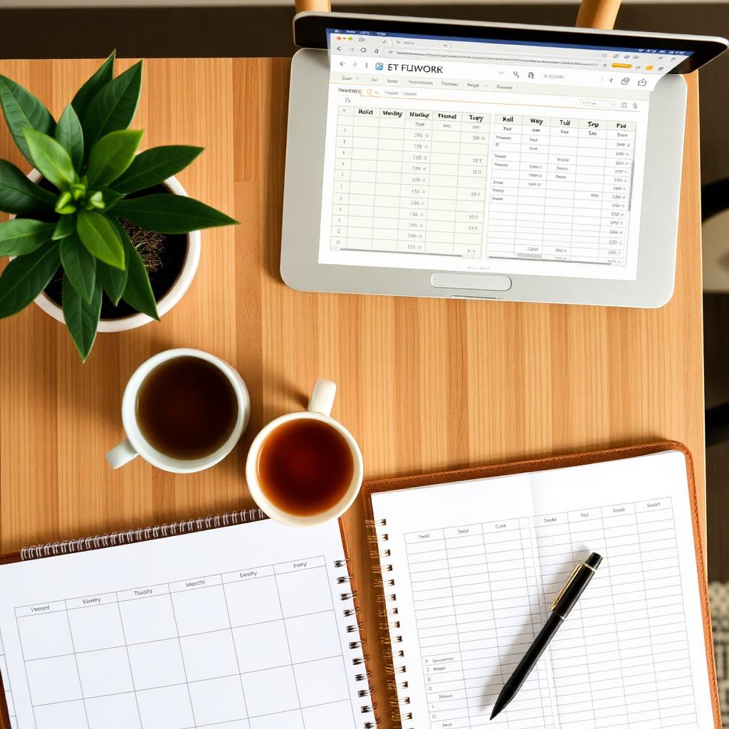 Two coffee cups on a wooden table beside a monthly planner