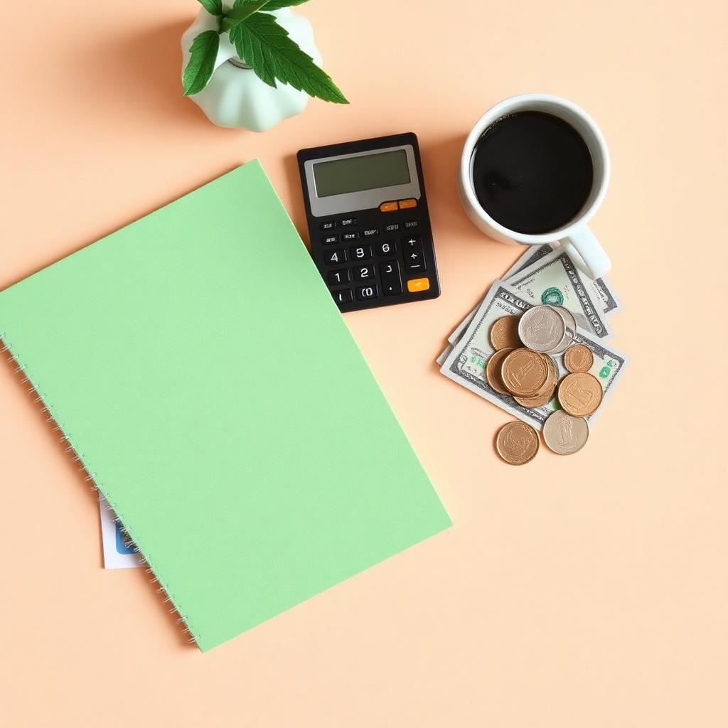 Calculator and notebook on a peach background representing a budget review