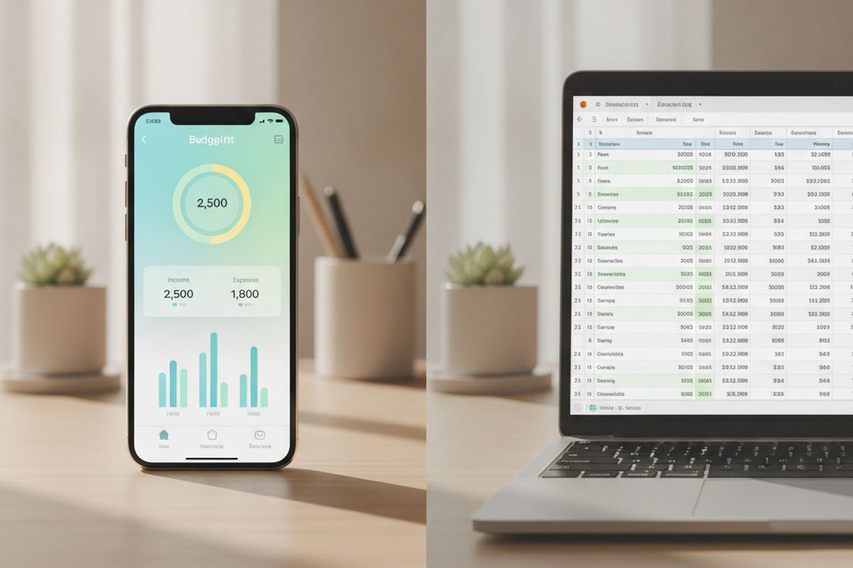 Phone with budgeting app and laptop with spreadsheet