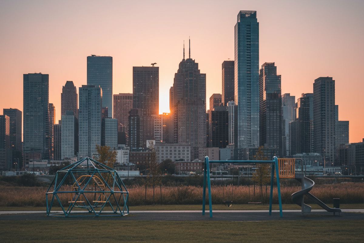 US city skyline with playground foreground
