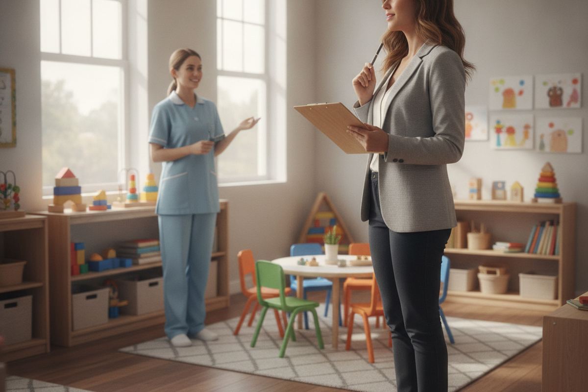 Parent touring a daycare with a checklist