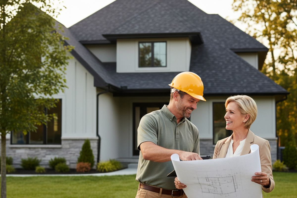 Roofing contractor discussing plans with homeowner