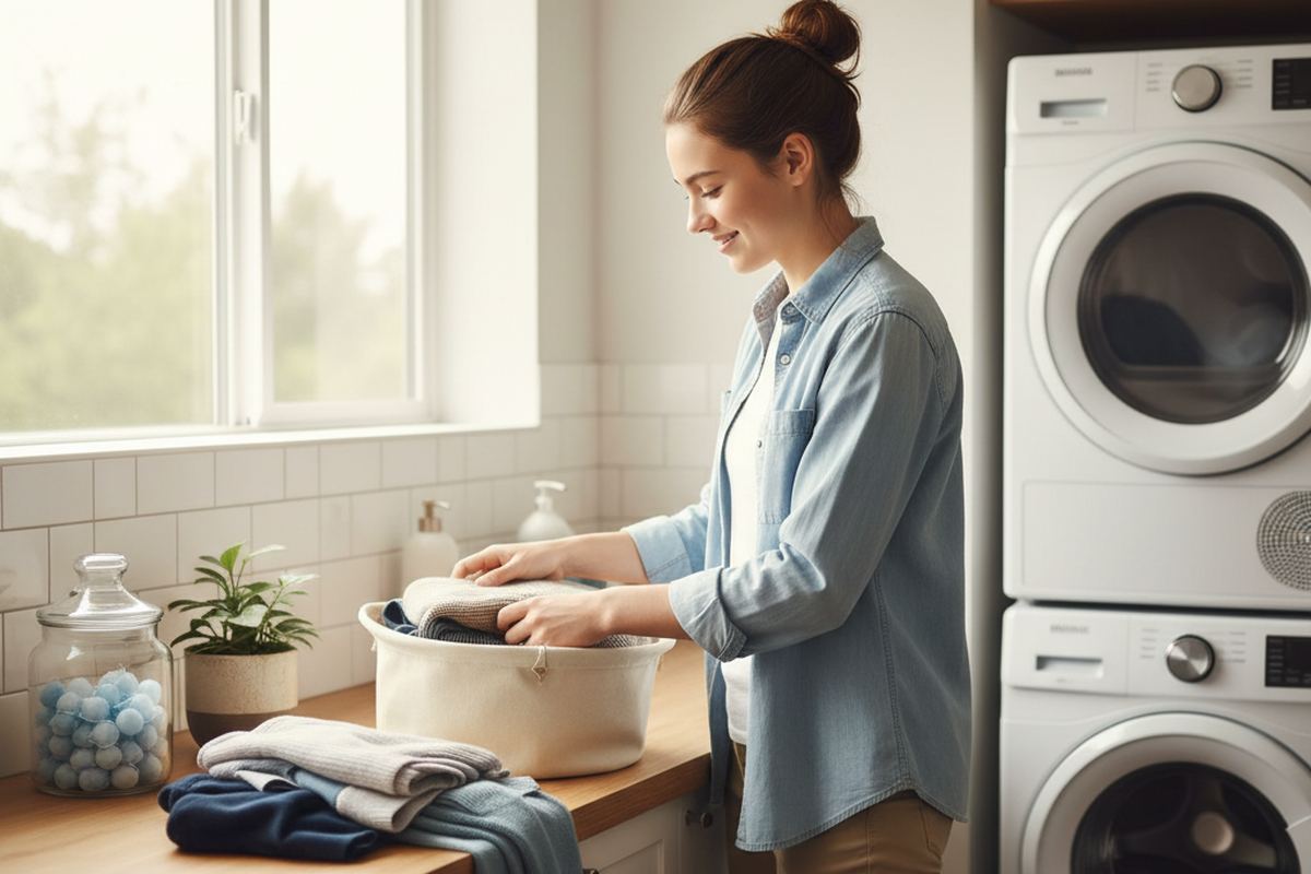 Teen doing laundry at home