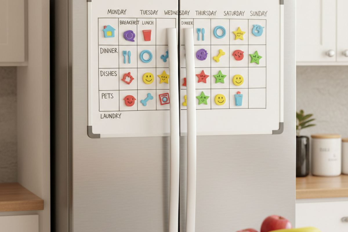 Family chore chart on fridge