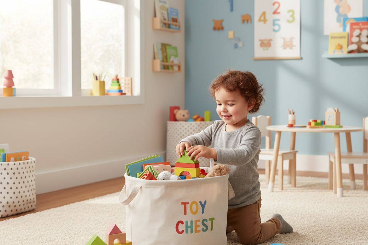 Toddler putting toys away
