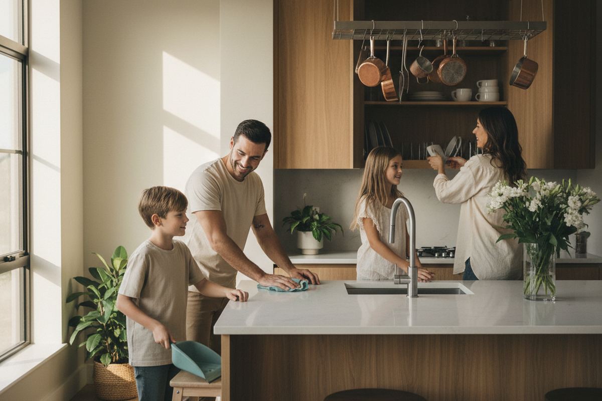 Family cleaning together