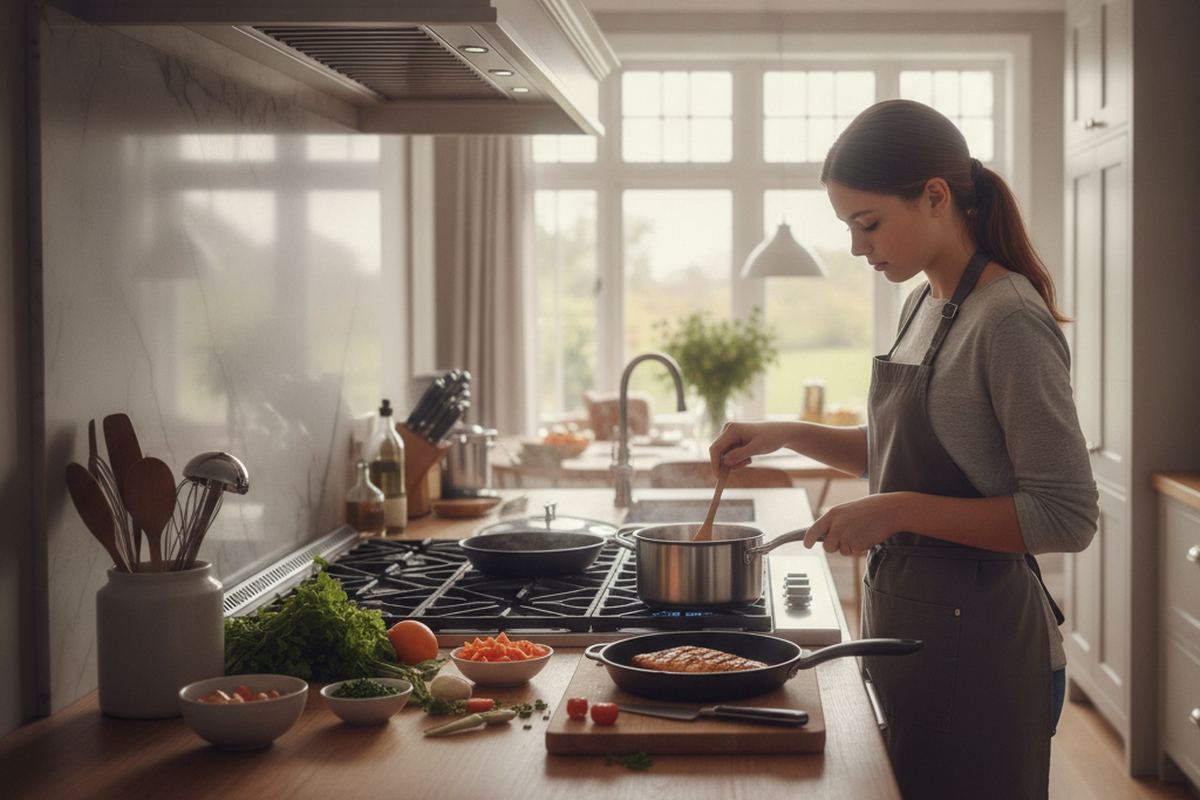 Teen cooking in kitchen