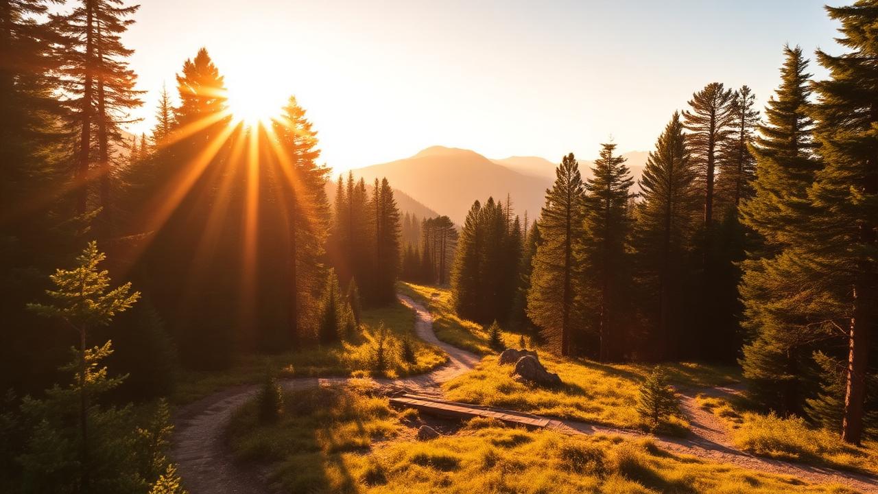 Three forest trails diverging toward different mountain summits at golden hour