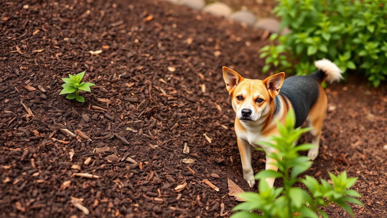 Dark brown cocoa mulch with curious dog watching nearby