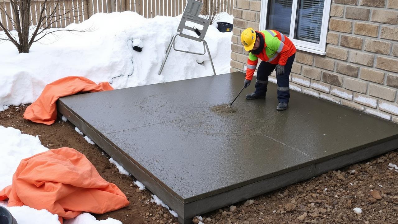 Concrete slab being poured in snowy winter conditions