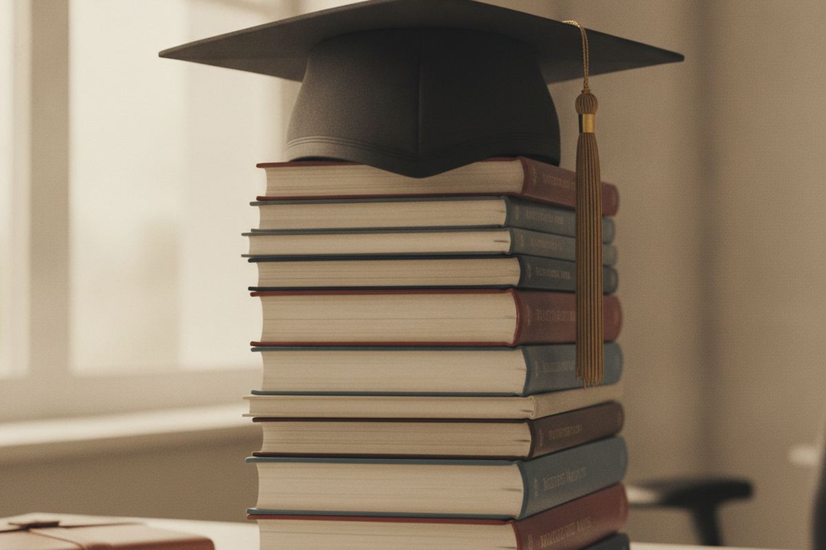Graduation cap on textbooks