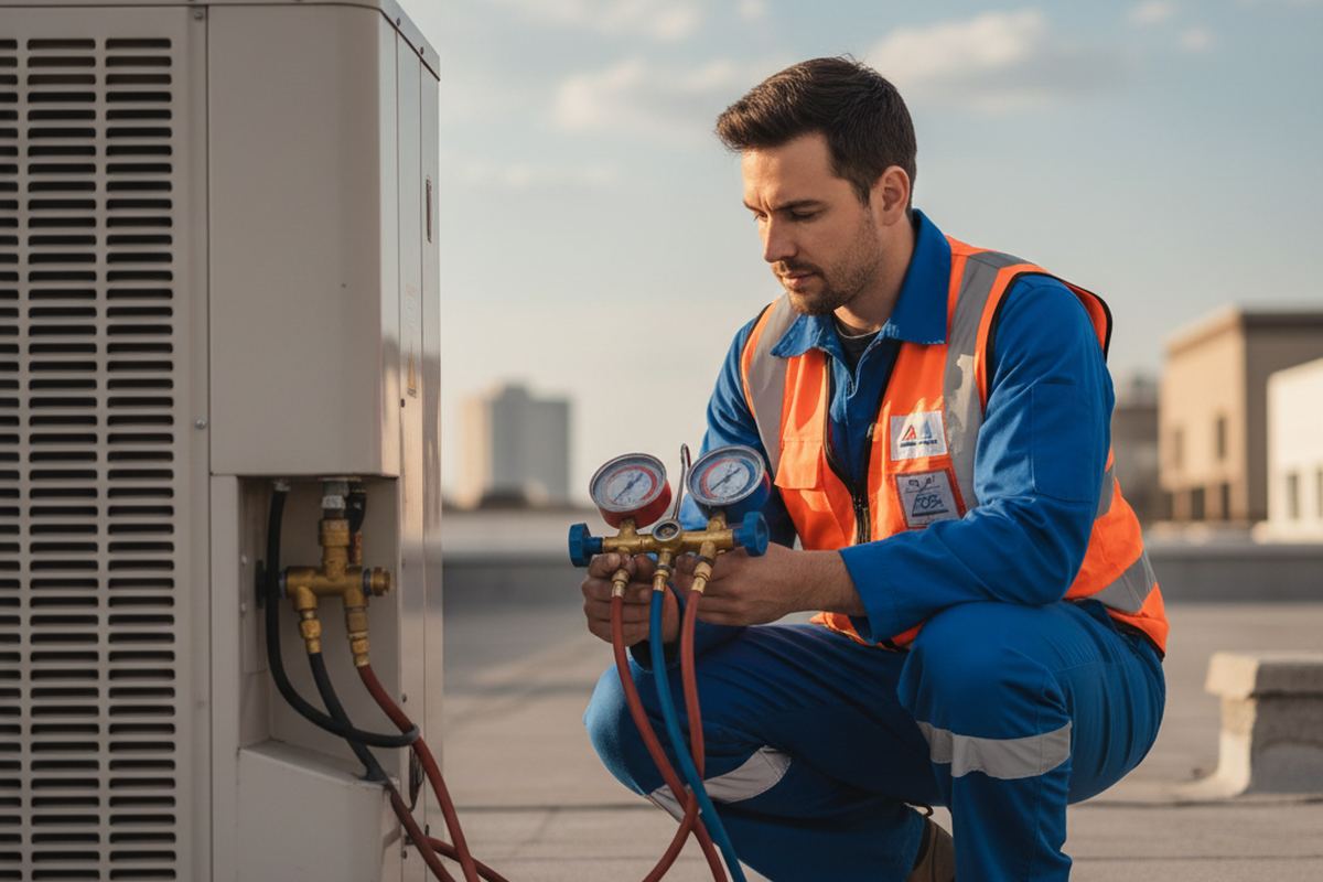 HVAC technician checking a unit