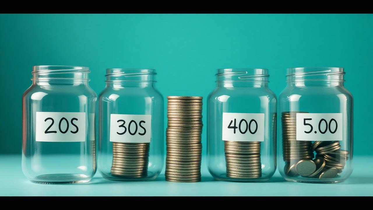 Four glass jars labeled by decade, each filled with progressively more coins