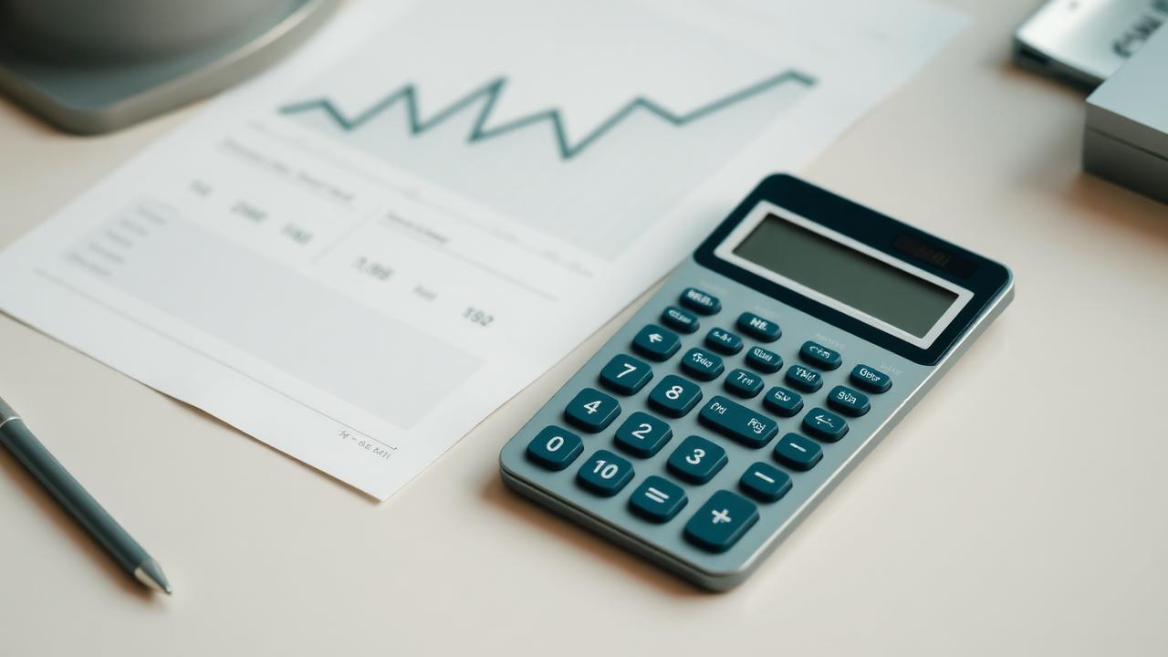 Modern calculator on a desk next to a financial chart printout