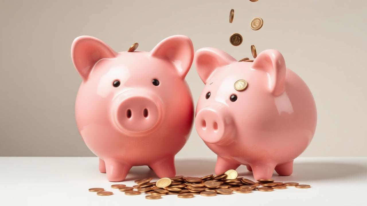 Small child's piggy bank beside a larger adult piggy bank with coins flowing between them