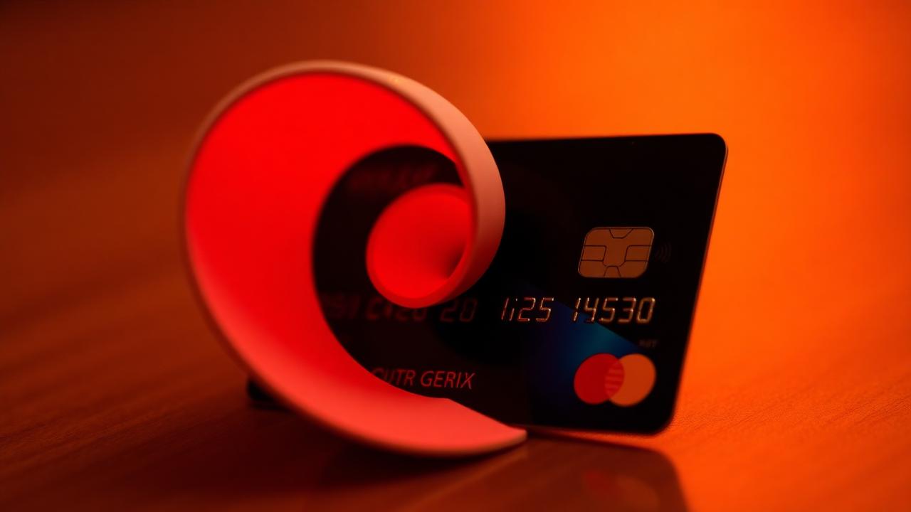 Credit card with a spiral of red interest charges casting a warning glow