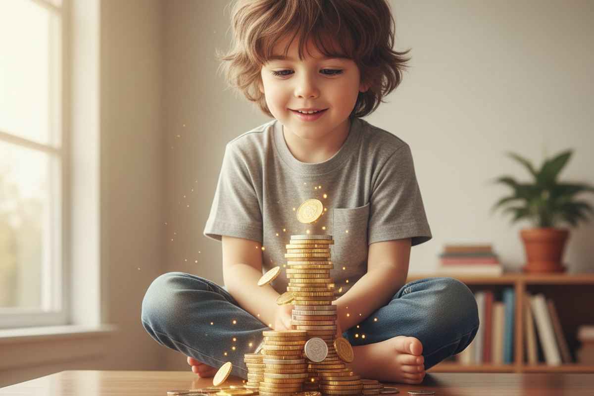 Kid with growing coin stack