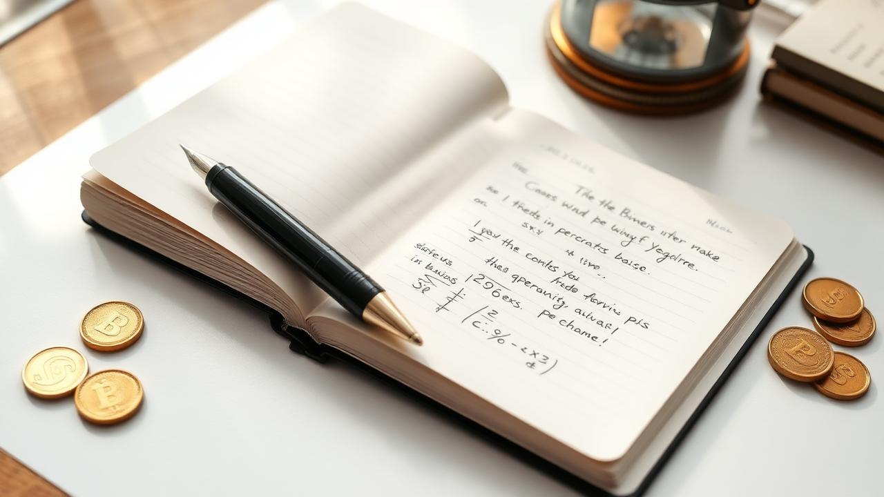 Open notebook with handwritten financial notes, fountain pen, and gold coins beside it