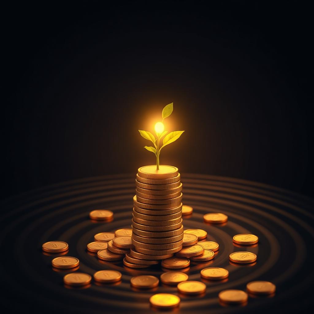 Glowing seedling sprouting from a tower of gold coins, symbolizing compound growth over time