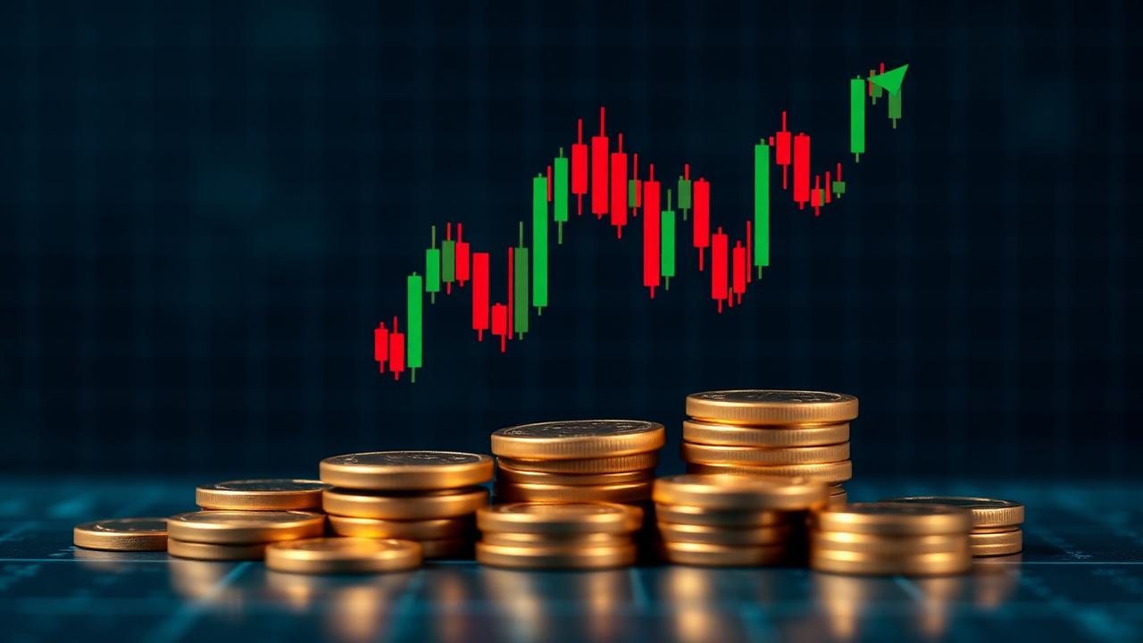 Stock market candlestick chart rising sharply with gold coins layered beneath