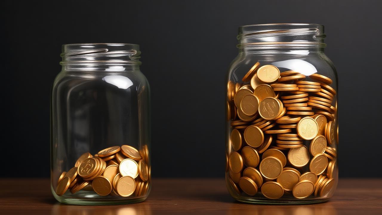 Two glass jars side by side, one nearly empty, the other overflowing with gold coins