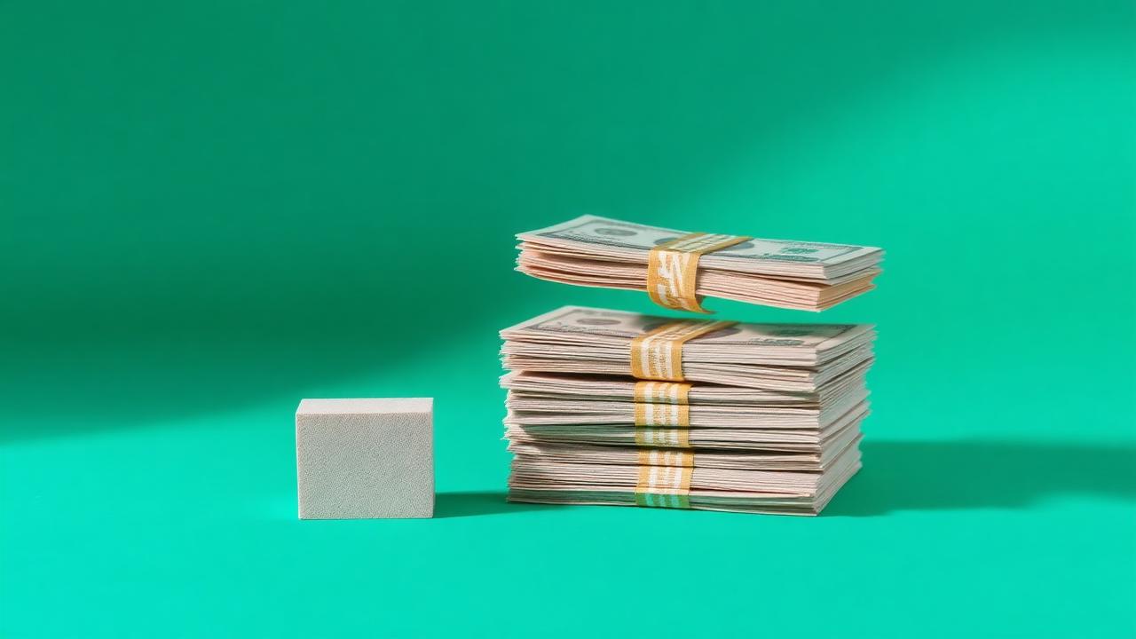 Stack of cash next to a concrete sample on a teal background