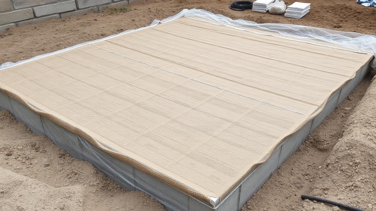 Concrete slab covered with burlap and plastic for curing