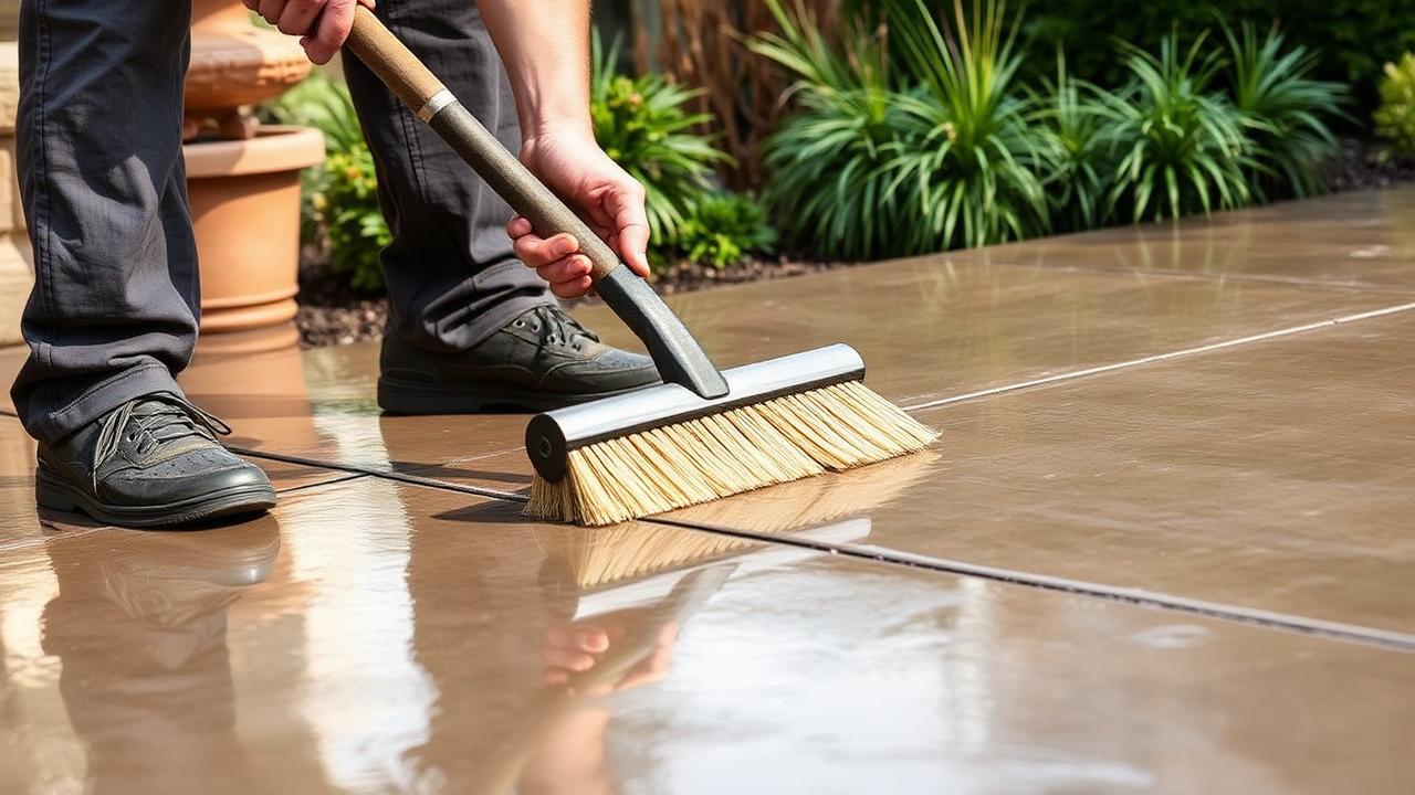 Mason troweling a broom finish onto wet concrete
