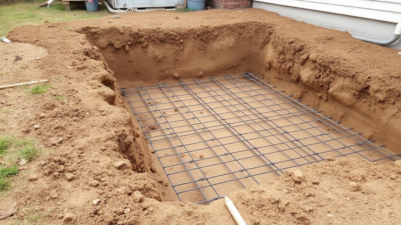 Trench dug for concrete footings with rebar in place