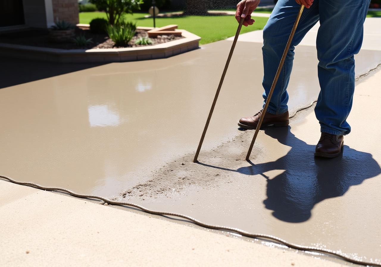 Fresh wet concrete being poured and screeded on a residential driveway with rebar visible