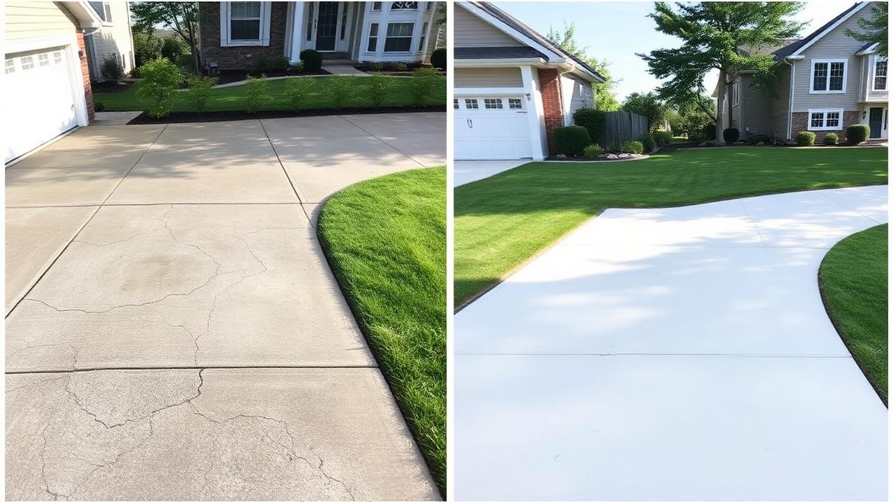 Before and after of an old cracked driveway and a newly resurfaced one