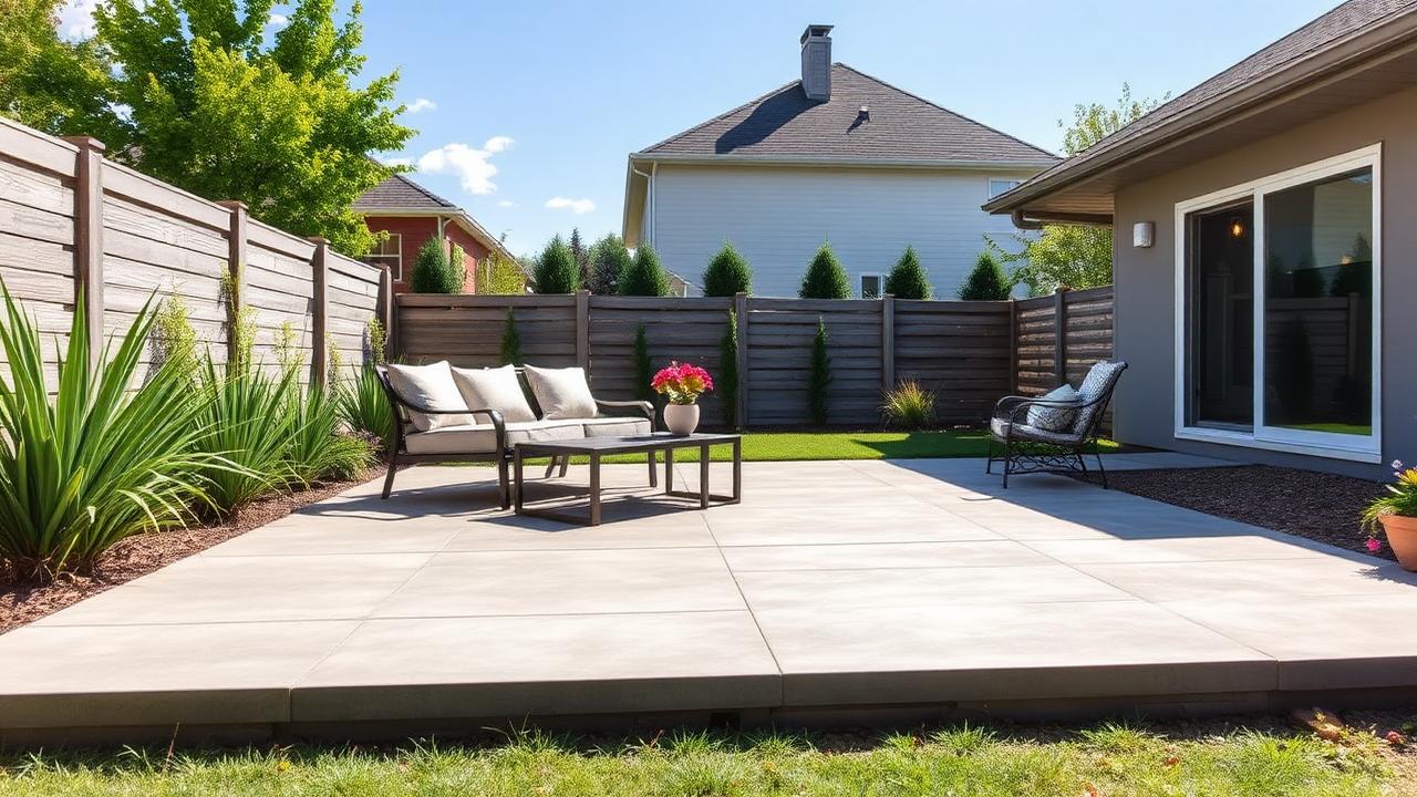Smooth gray concrete patio slab in a modern backyard