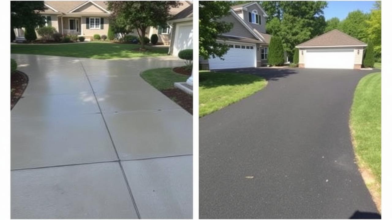 Side by side comparison of concrete and asphalt driveways