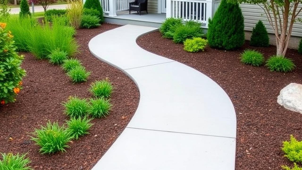 Curving concrete walkway through a landscaped garden