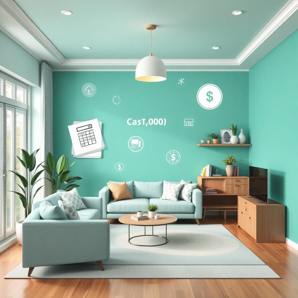 Modern living room with paint cost icons floating across the wall